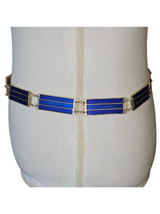 1930s Art Deco Gold Blue Enameled Link Waist Belt Gold Plated Vermeil Sz M 33-35 main image 11